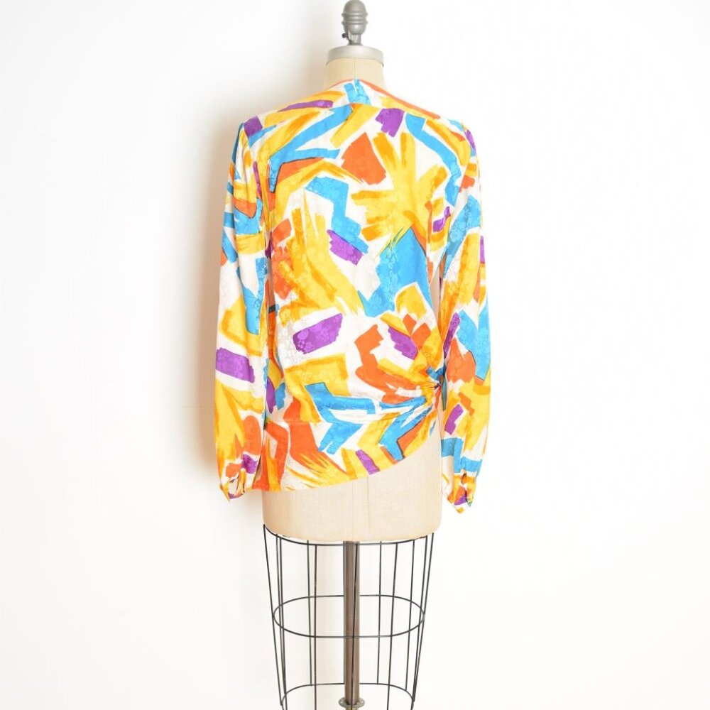 vintage 80s silk wrap blouse top shirt white yellow brush stroke print Argenti L - Picture 7 of 10